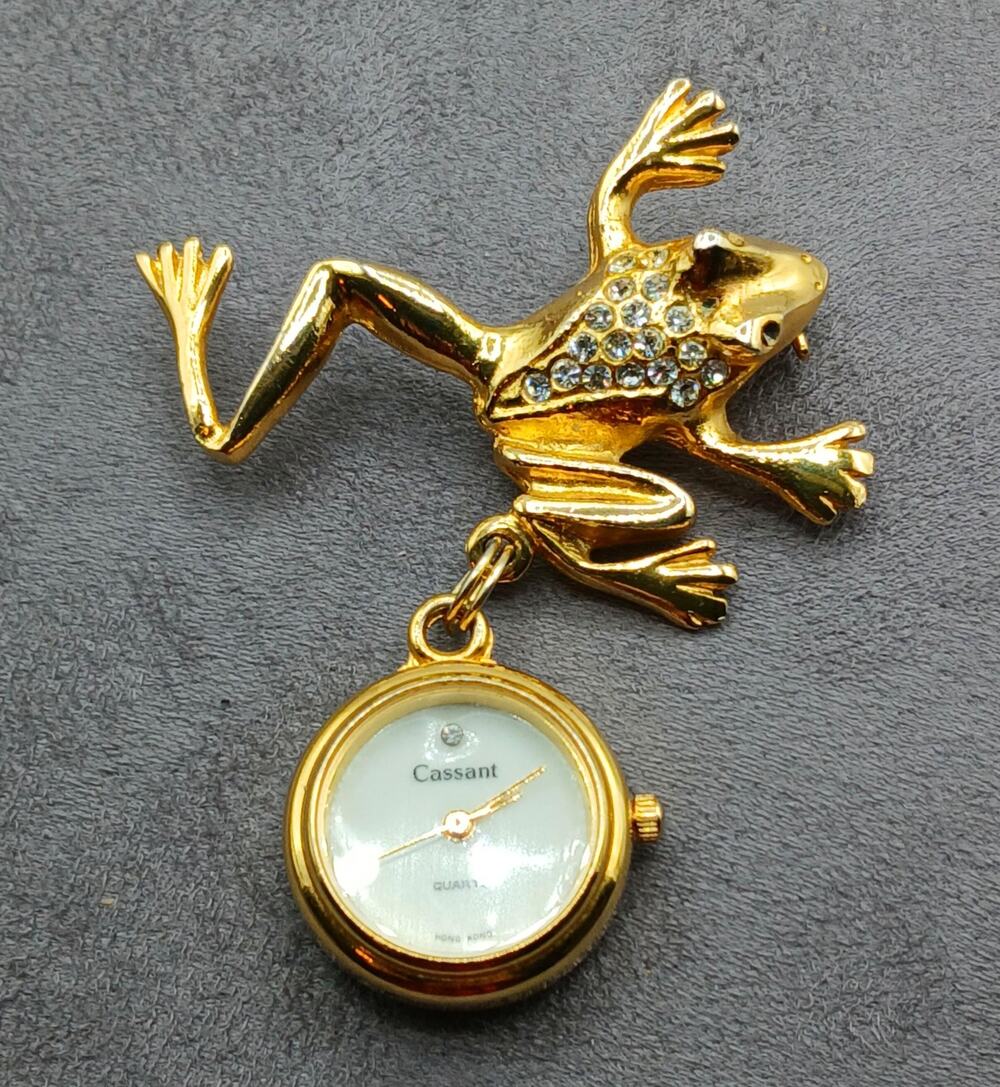 Vintage Hong Kong Cassant Quartz Watch dangling from Frog Brooch
